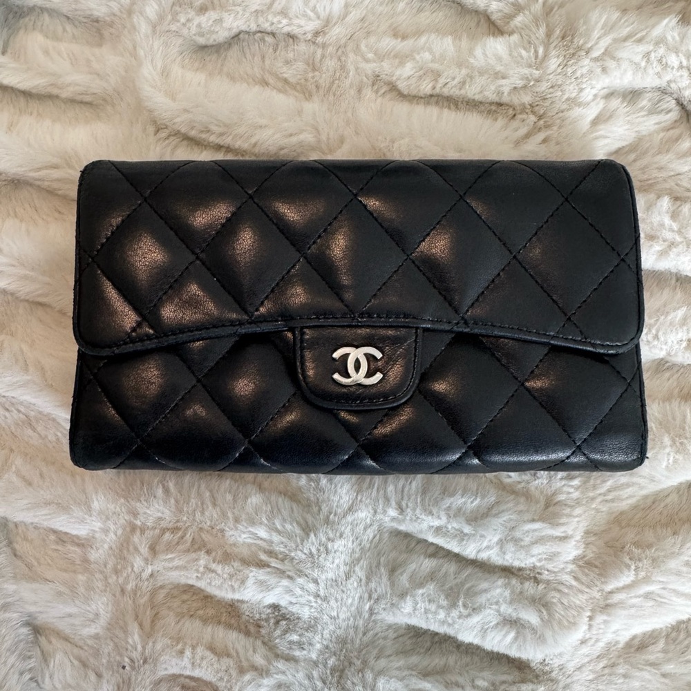 CHANEL Timeless Black Lambskin Tri-fold Wallet